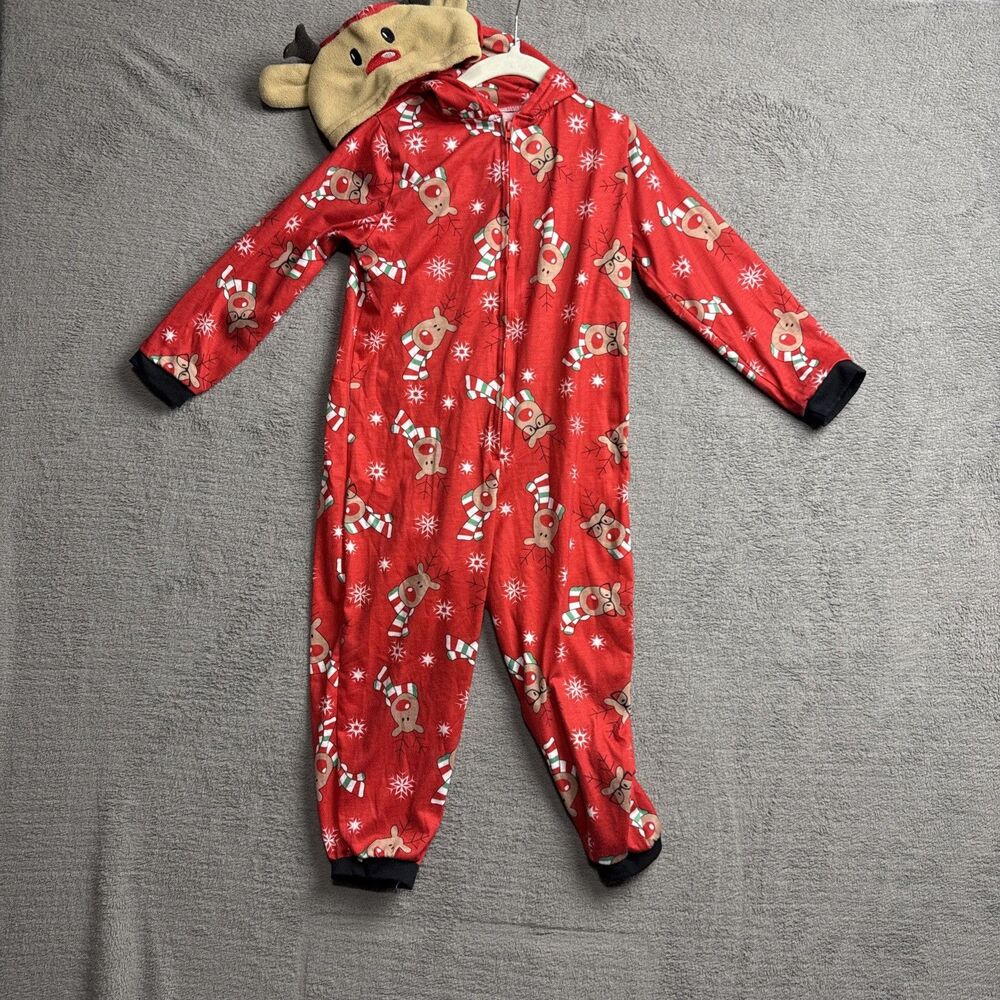 Reindeer Boys Girls Hooded Pajamas Christmas Holiday Size 5T EUC 1 Piece
